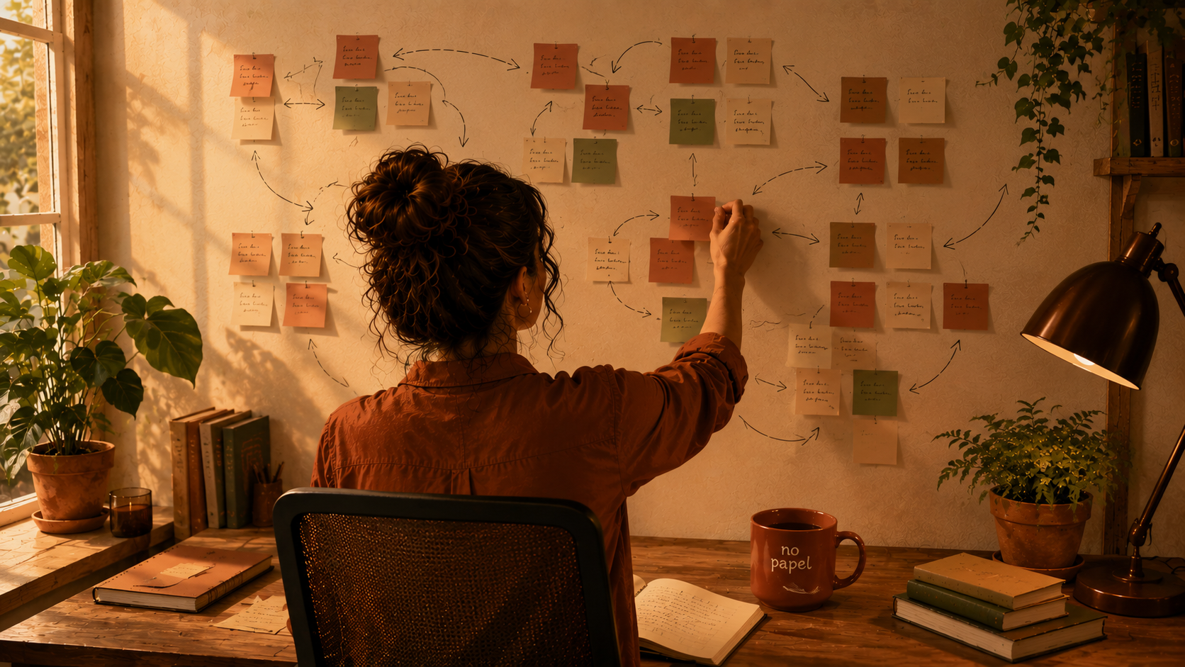 Mulher de costas organizando post-its e setas em um painel na parede, montando um mapa de plano de ação, mesa de trabalho com caderno e caneca da marca