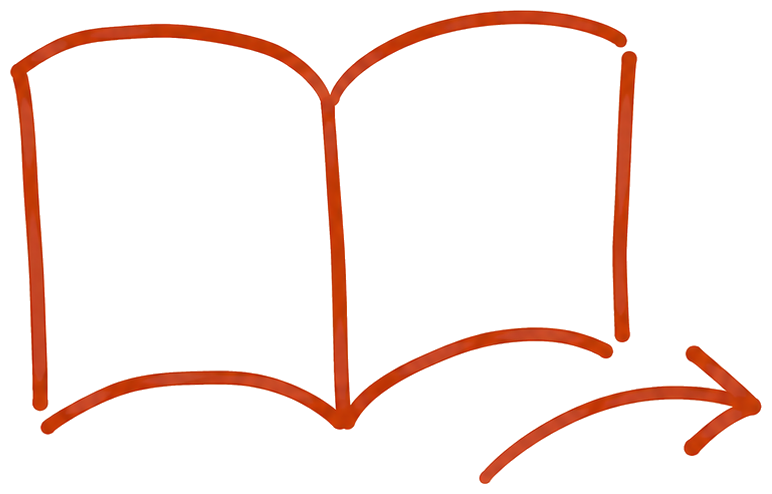 Livro aberto desenhado à mão com uma seta apontando para a direita