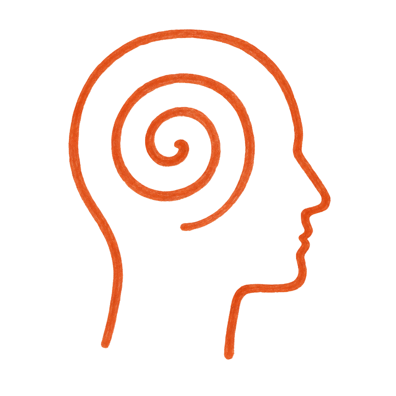Cabeça de perfil desenhada à mão com uma espiral dentro, representando a mente